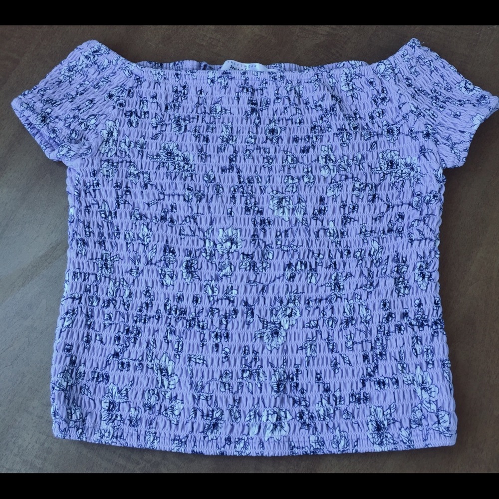 Purple Floral Off the Shoulder Scrunch Crop Top